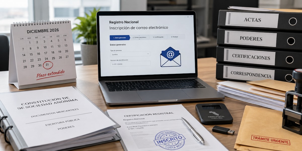 Legal office desk with laptop showing an email registration form for Costa Rica’s National Registry, commercial documents, digital signature device and calendar highlighting the extended December 2026 deadline.