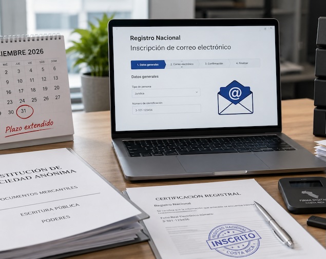 Inscripción de correo electrónico en el Registro Nacional de Costa Rica para sociedades mercantiles, con documentos legales, firma digital y plazo extendido a diciembre de 2026.