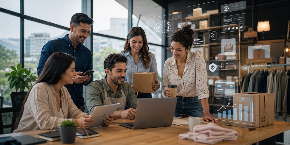 Equipo empresarial revisando pedidos, pagos y datos de una tienda en línea, como representación del comercio electrónico y los servicios digitales en Costa Rica.