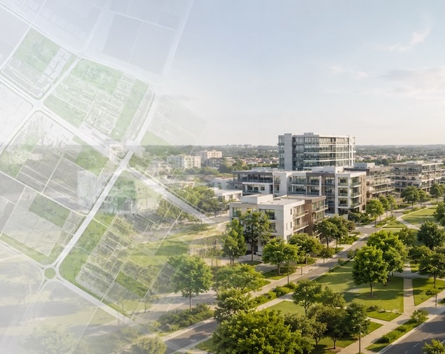 Urban view of Santa Ana with residential areas, green spaces and a subtle urban planning map overlay.