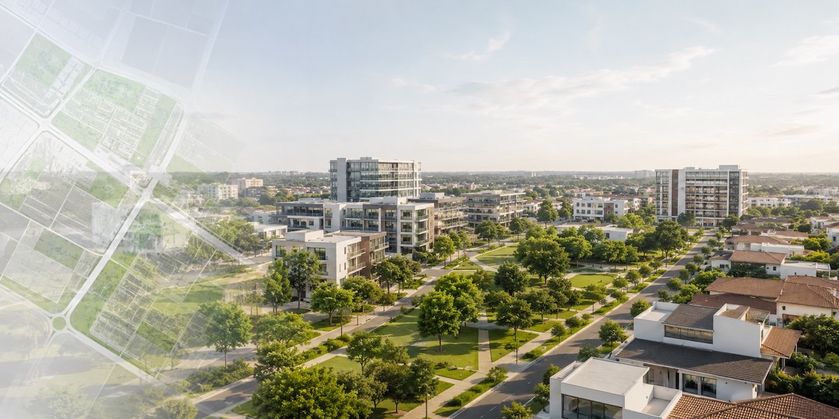 Urban view of Santa Ana with residential areas, green spaces and a subtle urban planning map overlay.